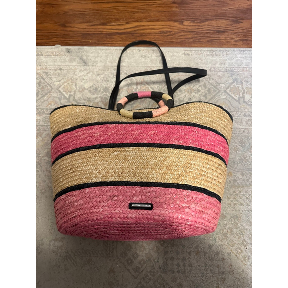 Women's Rebecca Minkoff One Size Beige Pink Striped Straw Tote Bag